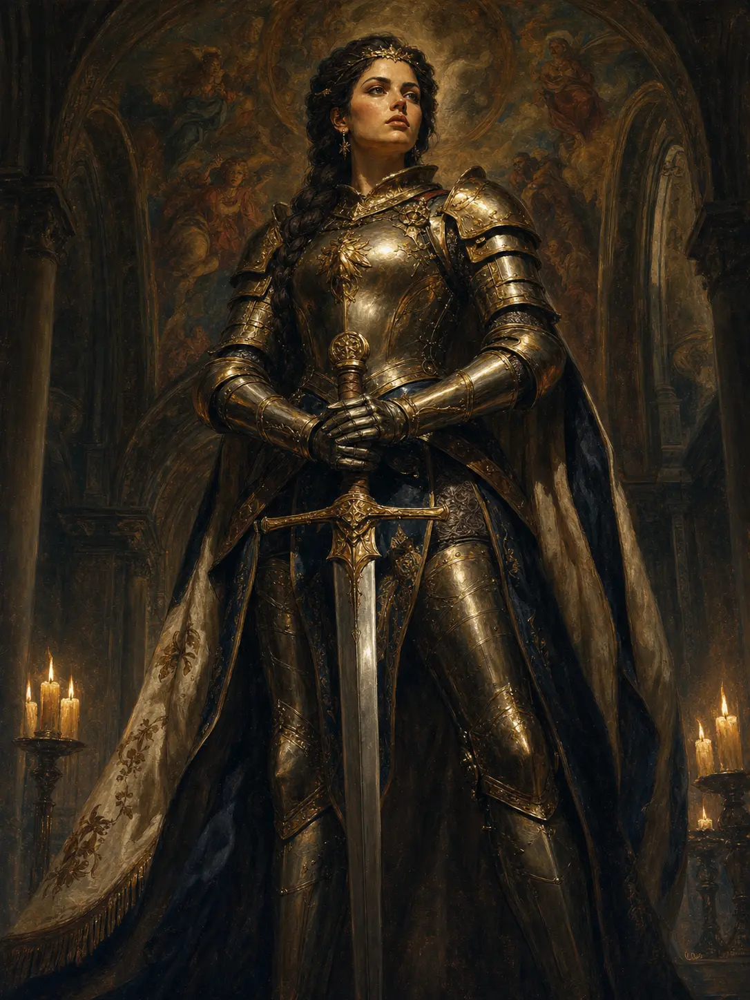 Independent · Renaissance oil-painting style female knight in gold armor