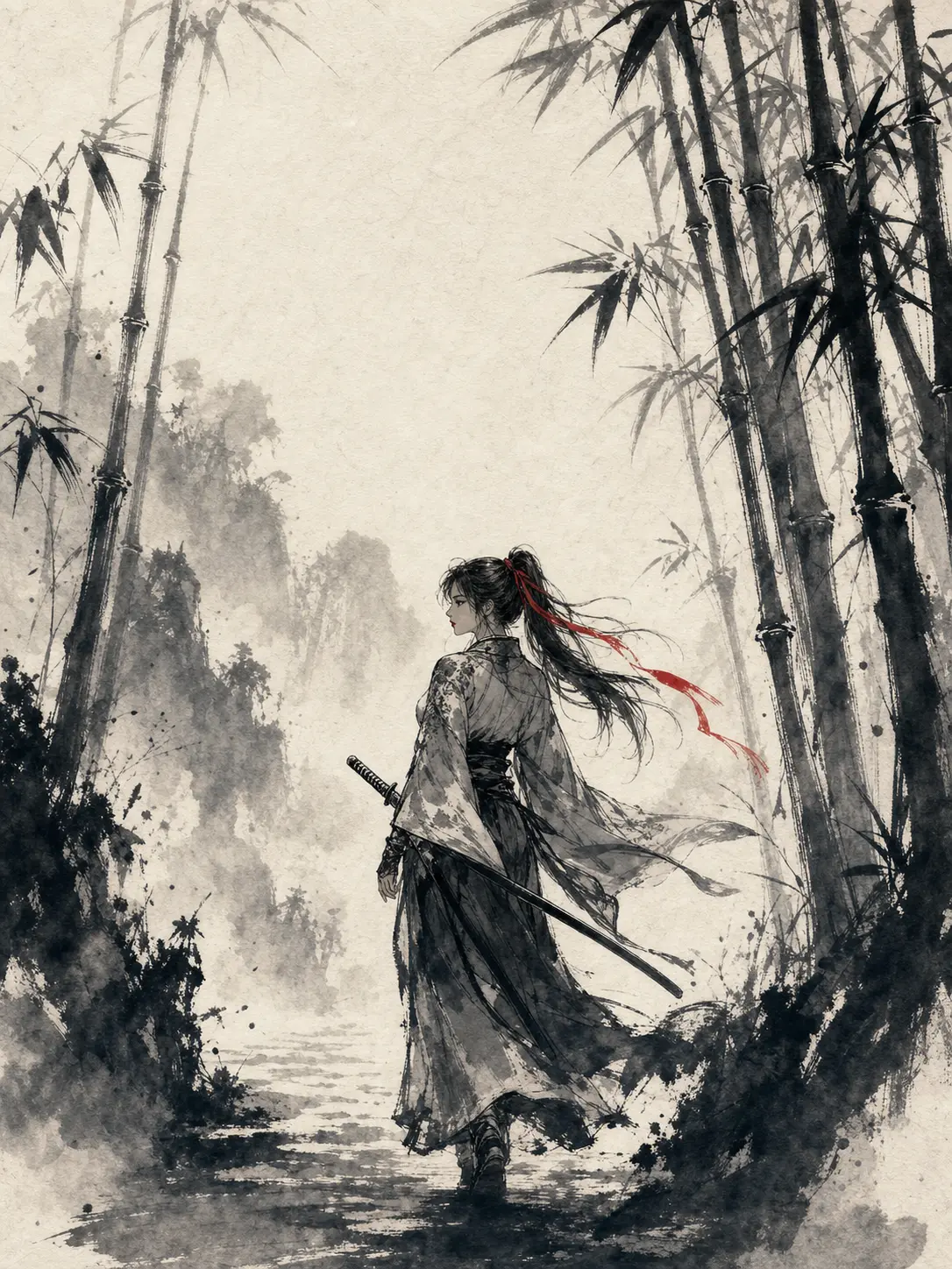 Independent · Sumi-e ink-wash female ronin in a bamboo forest
