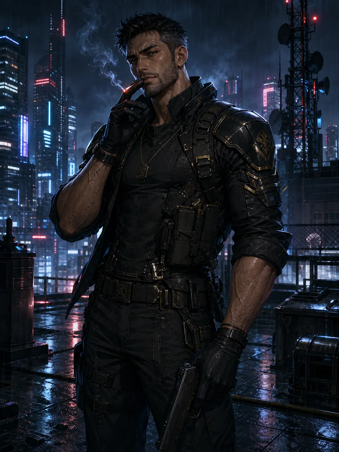 Police · Stoic male tactician smoking on a rain-slicked rooftop