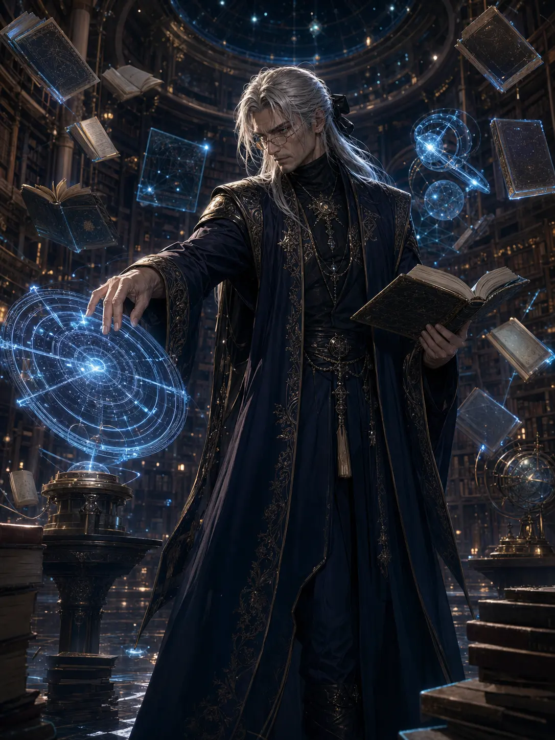 Industries · Silver-haired archivist in a tower of floating star charts