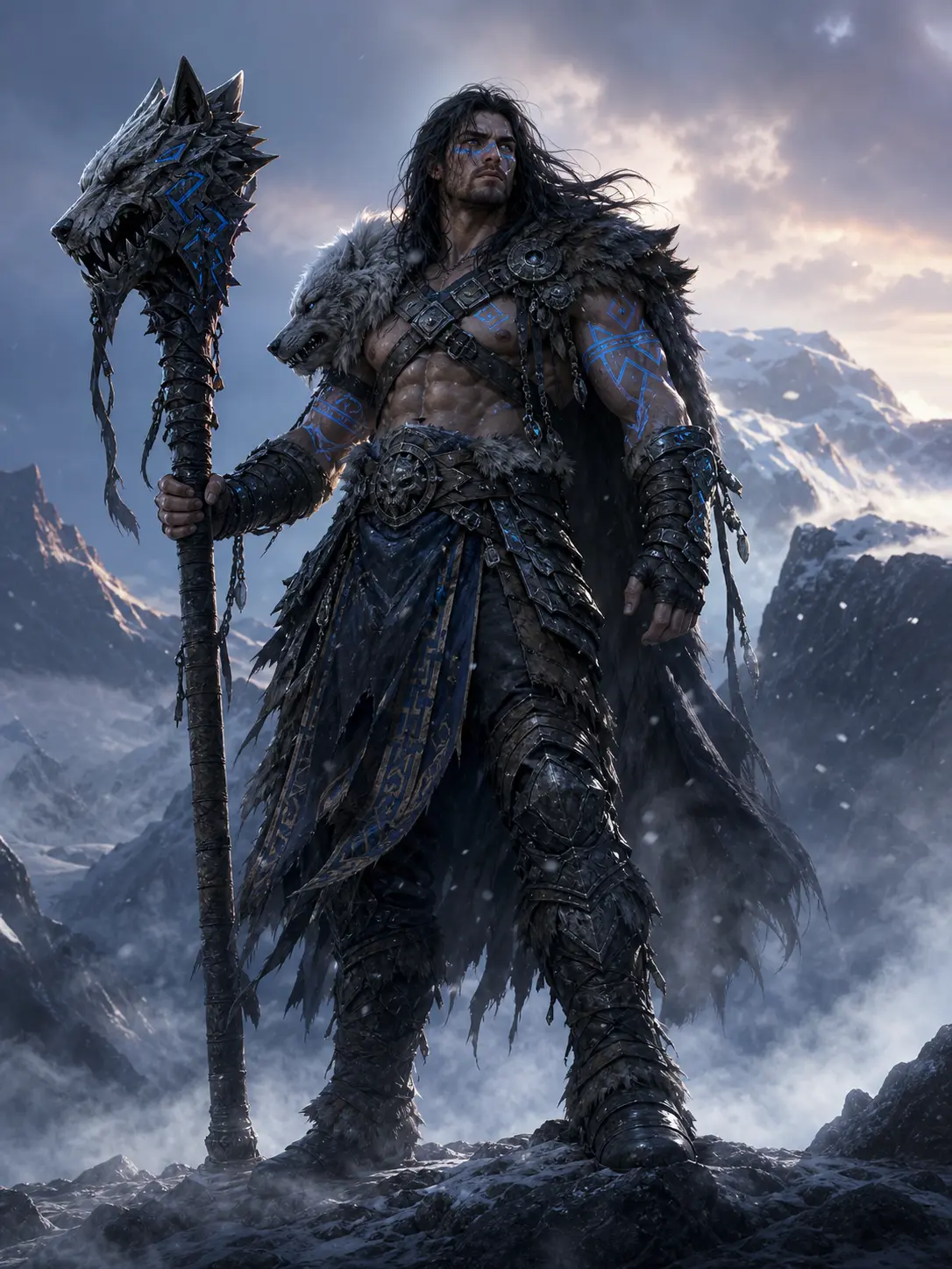 Reclaimers · Wolf-champion barbarian on a misty mountain pass at dawn