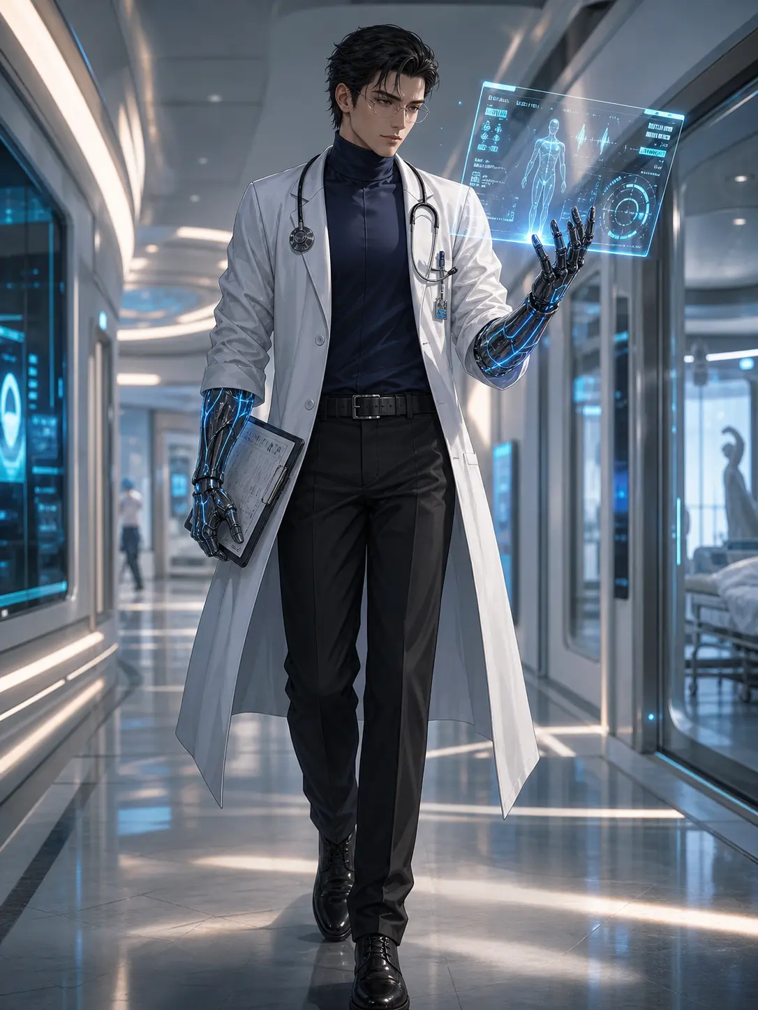 Police · Cybernetic doctor with augmented arm on hospital ward round