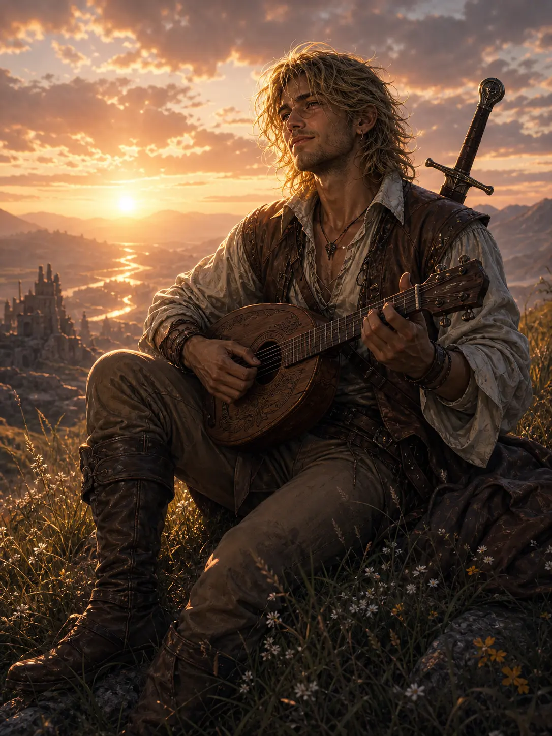 Independent · Wandering bard with lute on a sunset hilltop