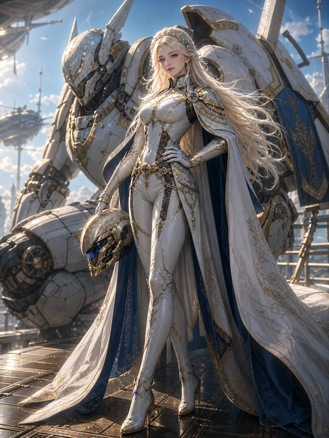 Industries · Platinum royal pilot beside her kneeling mech