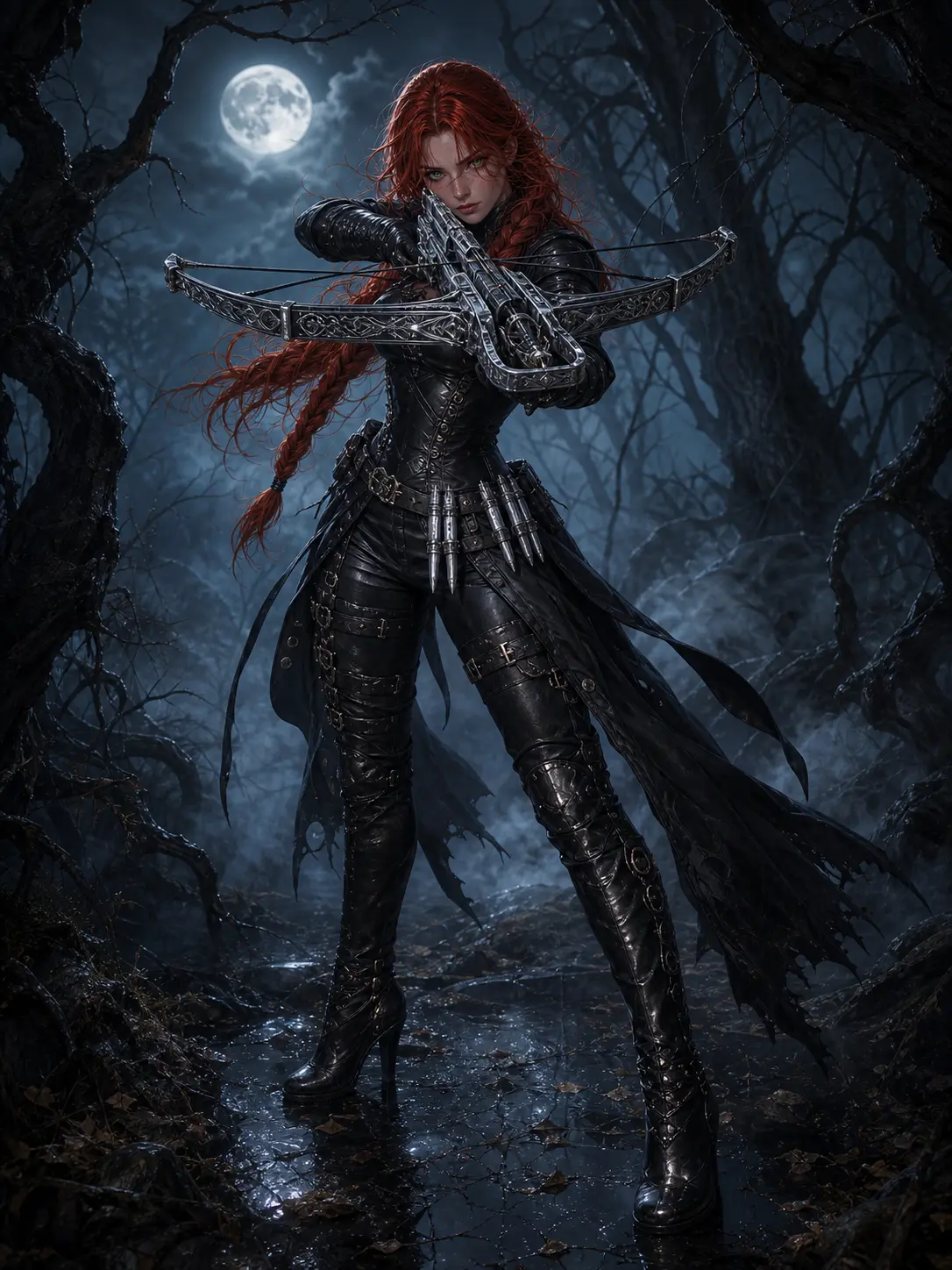 Independent · Red-haired huntress aiming a silver crossbow in moonlit woods