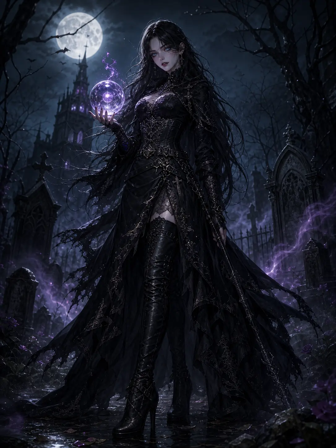 Independent · Gothic witch with glowing crystal orb in a moonlit graveyard