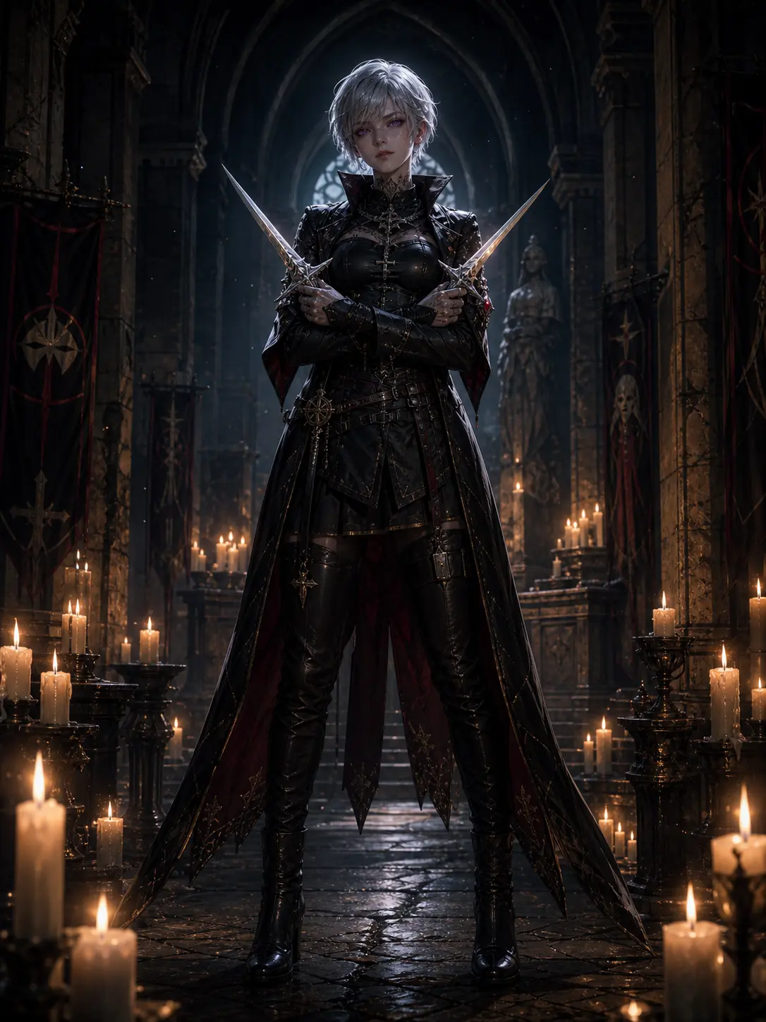 Independent · Silver-haired battle-nun with crossed daggers in candle-lit crypt