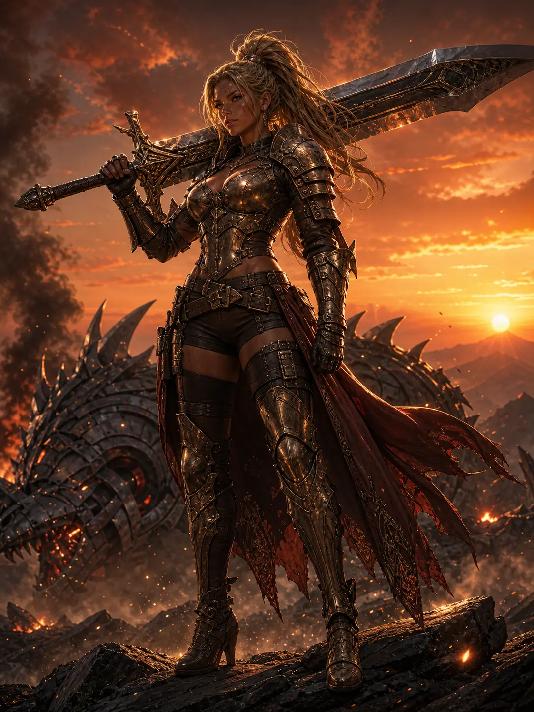 Independent · Blonde dragon-slayer triumphant atop a fallen dragon at sunset