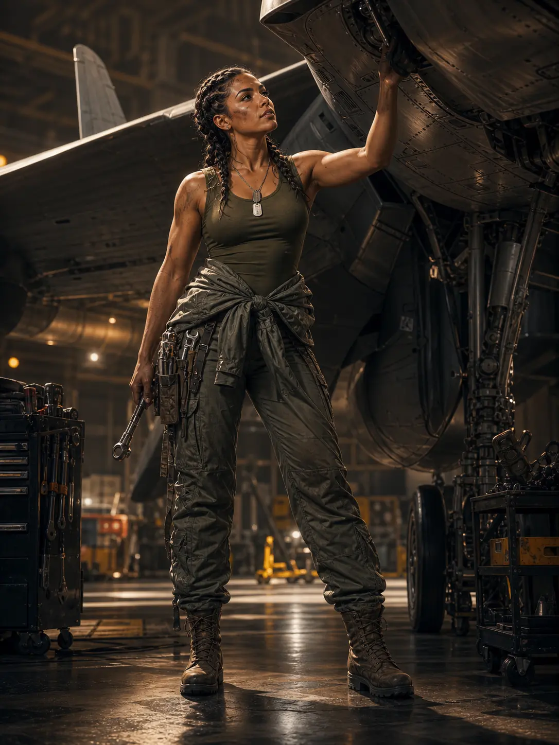 Industries · Toned pilot-mechanic inspecting her jet under hangar lights