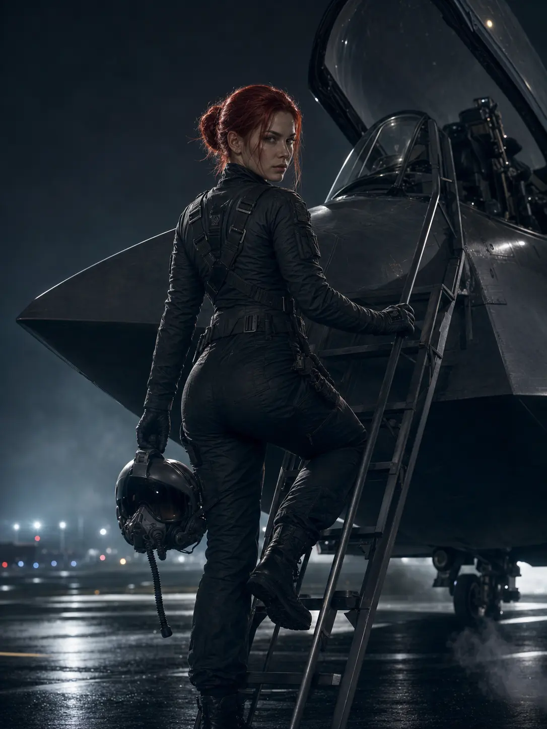 Police · Red-haired pilot climbing into a stealth jet at night