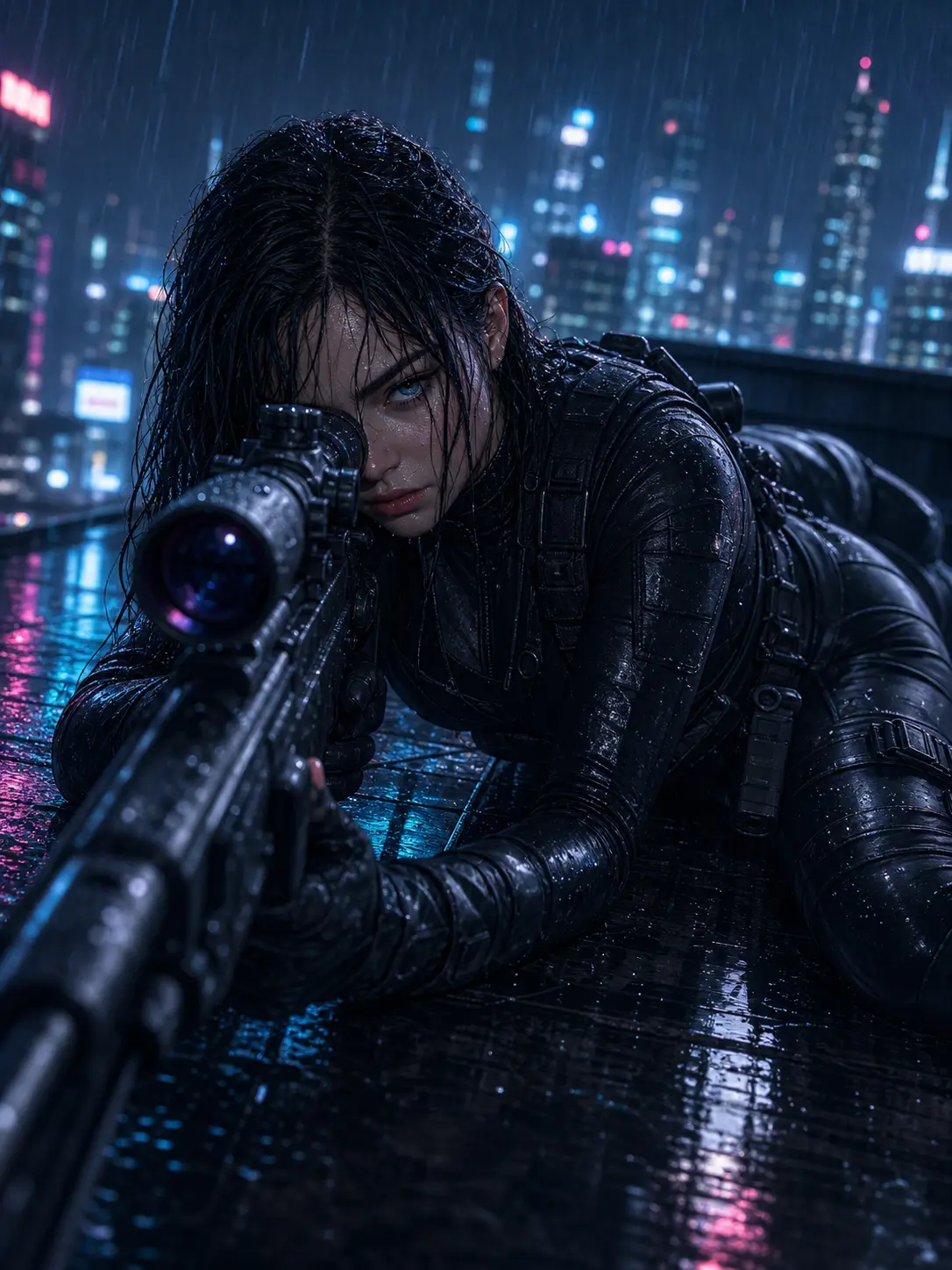 Police · Wet-haired sniper prone on a neon-soaked rooftop in rain