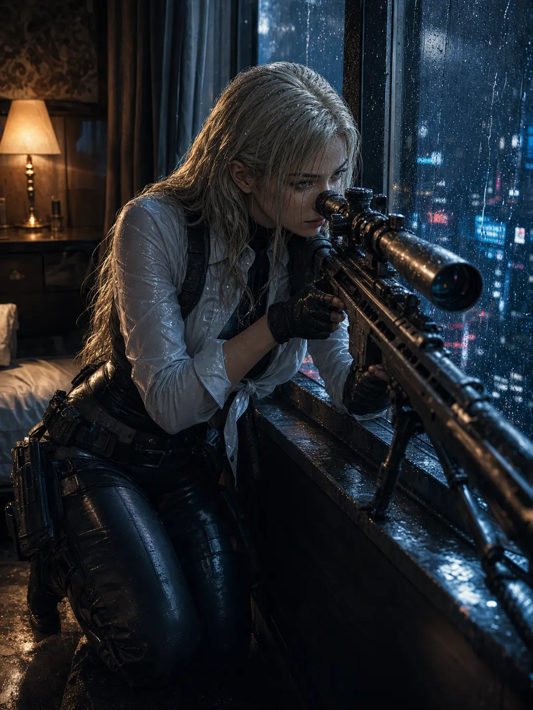 Police · Blonde sniper at a rain-streaked hotel window in a warm-lit room