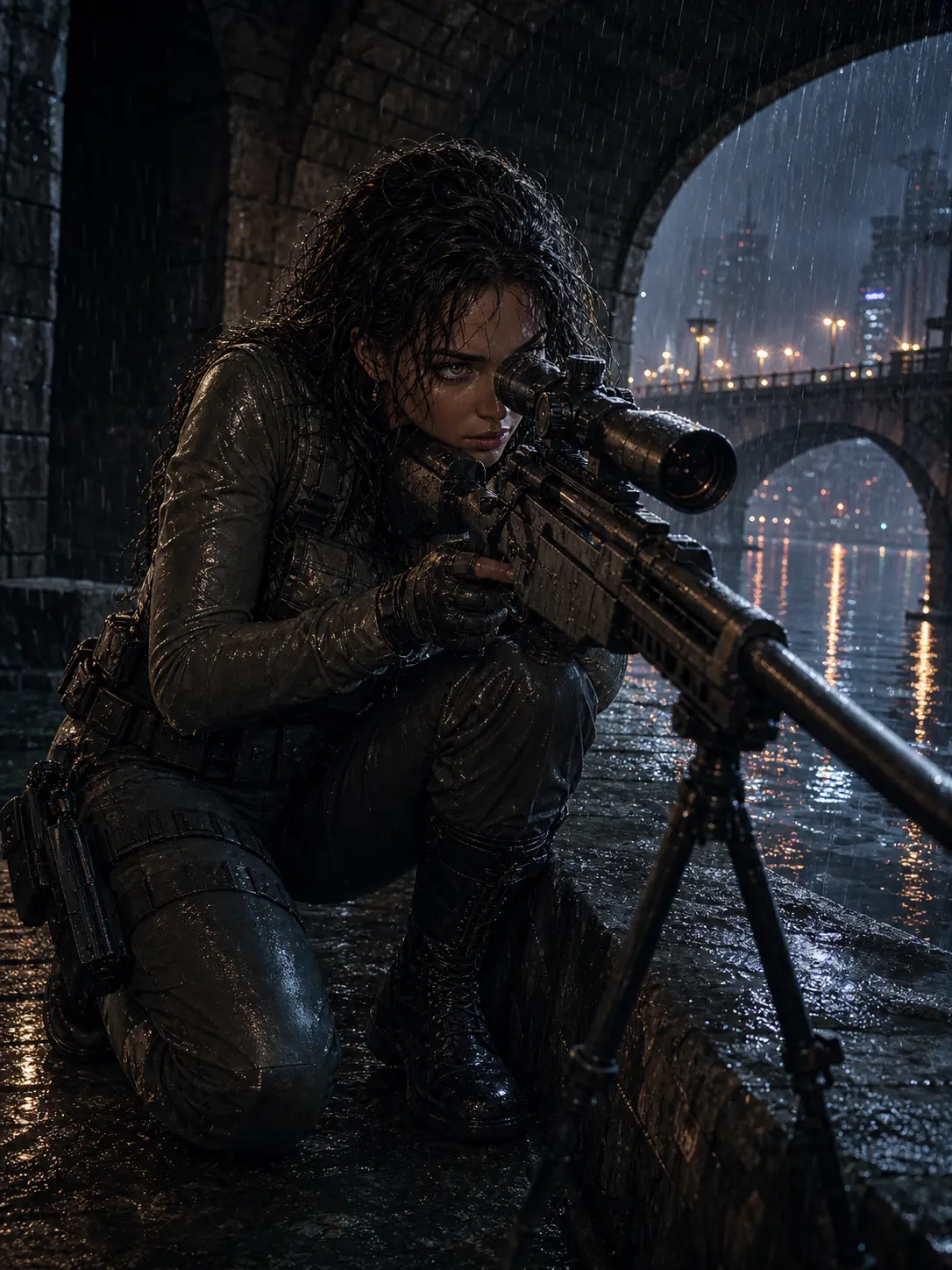 Police · Brunette sniper crouched under a stone bridge in heavy rain