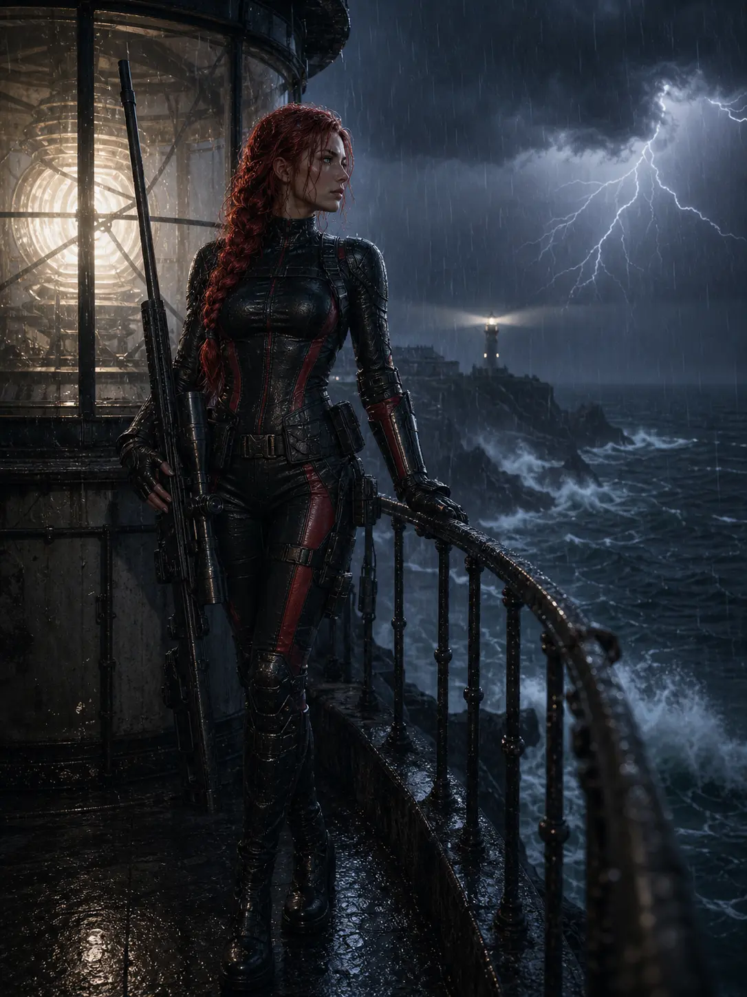 Police · Red-haired sniper at a lighthouse balcony during a lightning storm