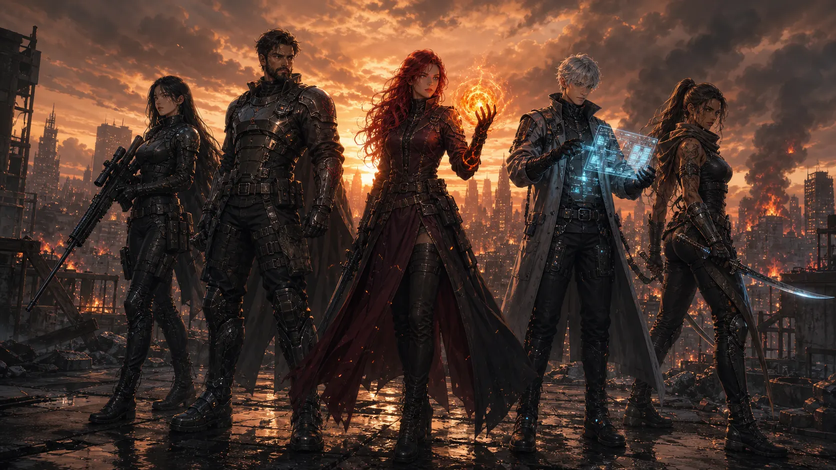 Independent · Mixed tactical squad lineup on a burning rooftop at sunset