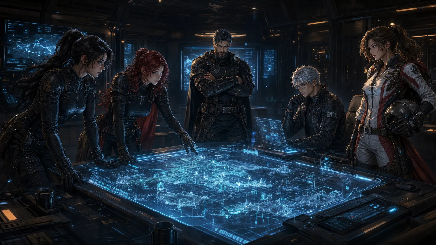 Industries · Mixed-gender team around a holographic war table briefing
