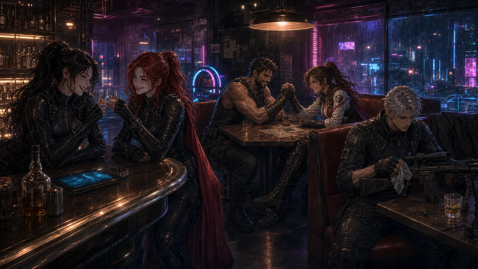 Independent · Mixed squad unwinding in a neon-lit bar after a mission
