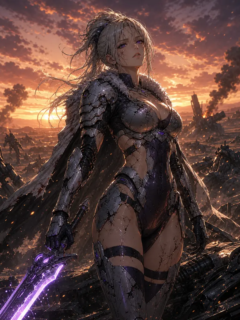 Survey · Arts guard standing on a sunset battlefield ridge