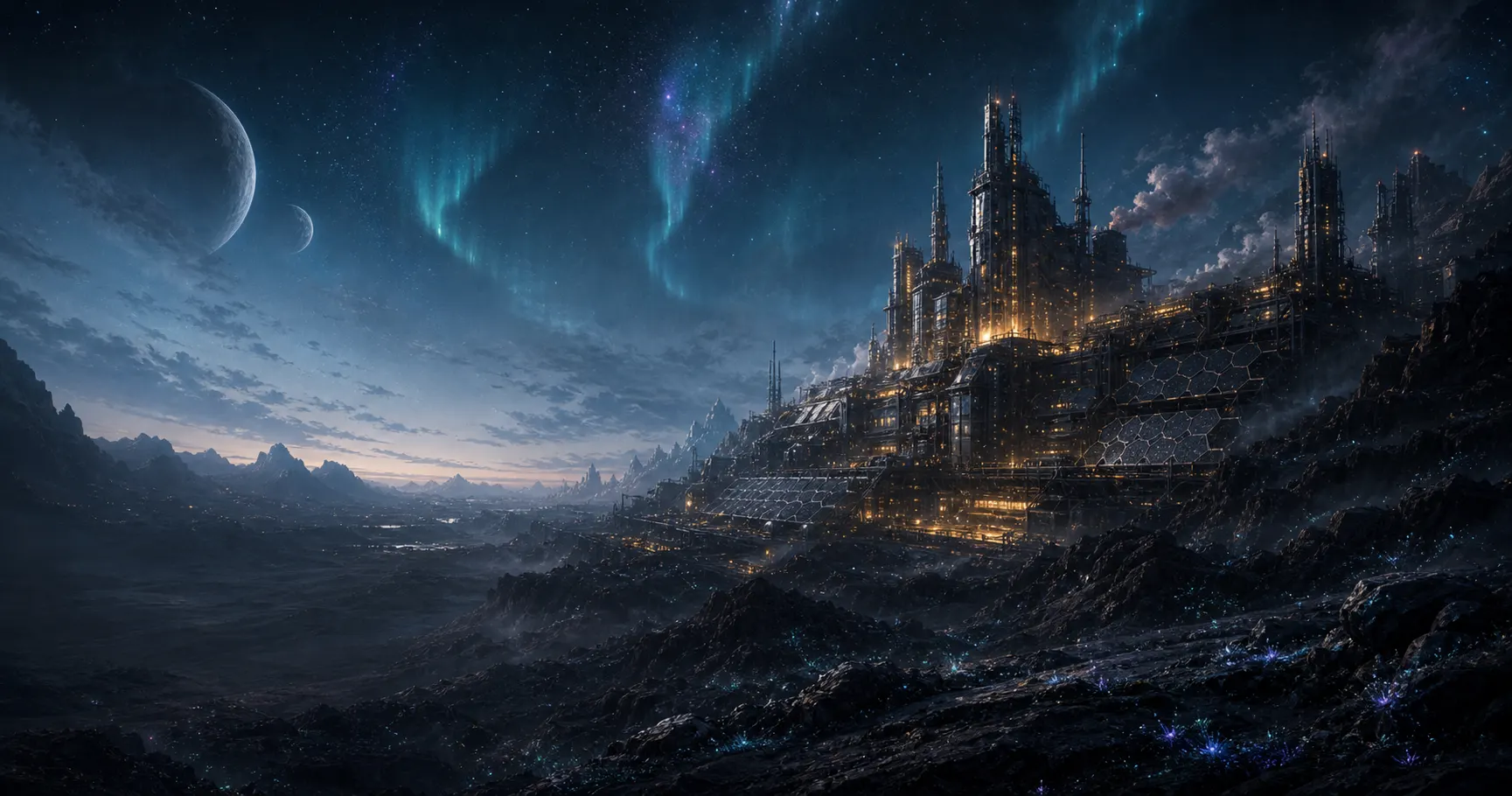 Industries · Aurora-lit industrial skyline at night