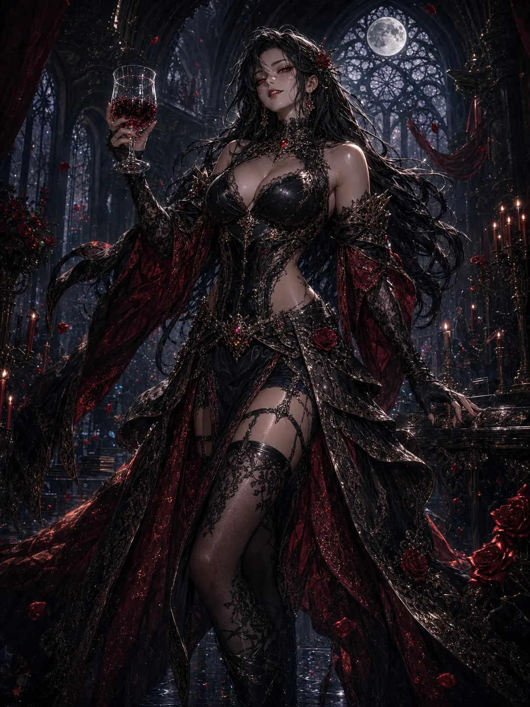 Independent · Crimson vampire with a wine glass in the moonlit chapel