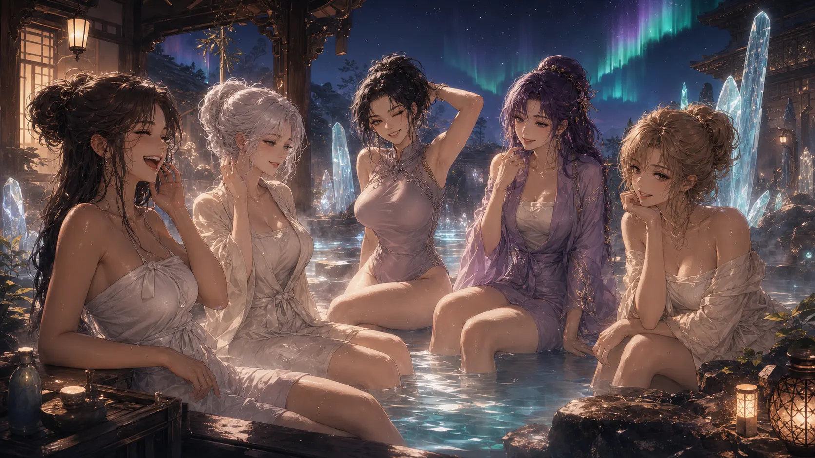 Independent · Aurora onsen night · five-character ensemble
