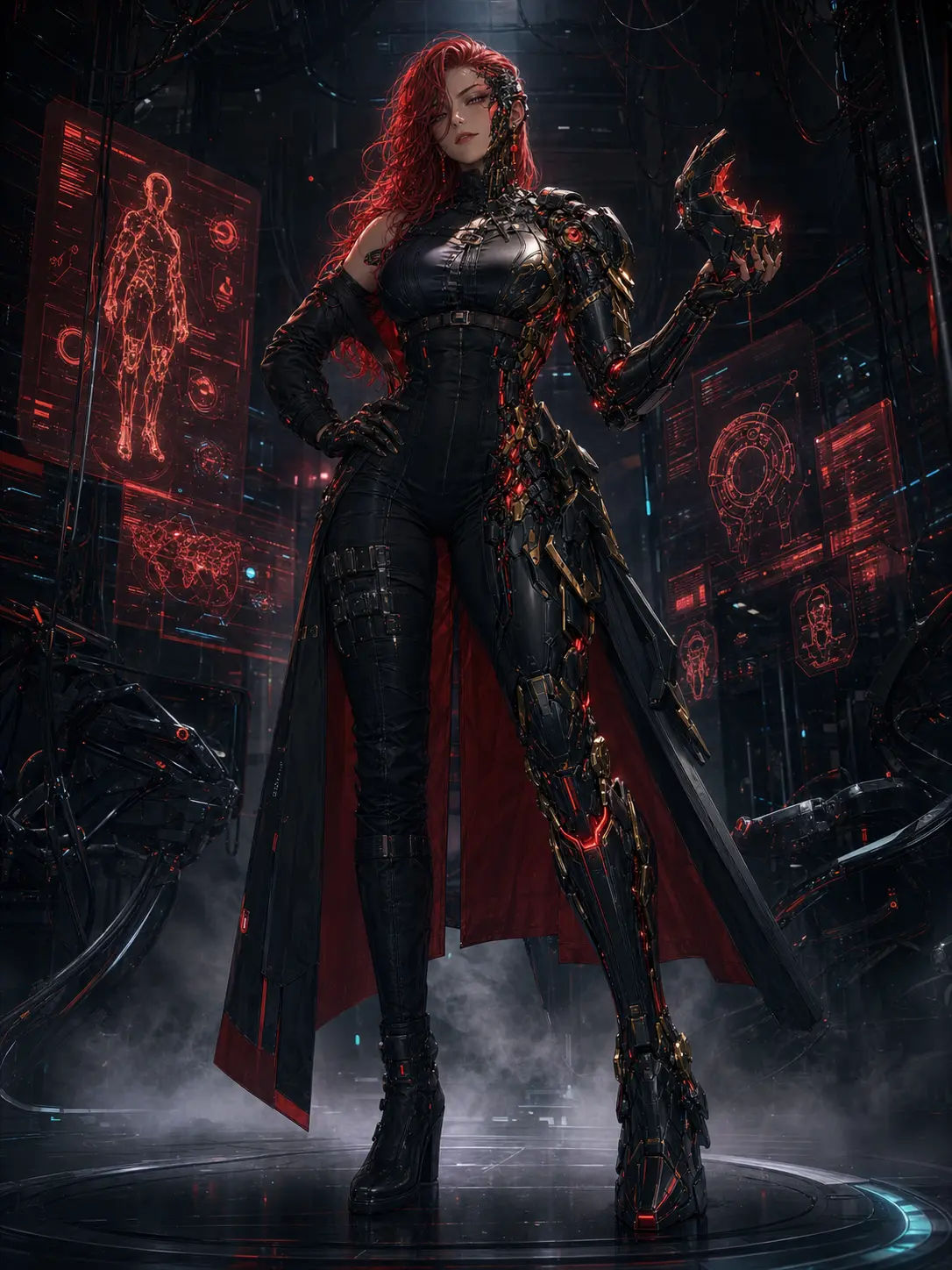 Industries · Crimson cyborg with exposed mech veins in the lab