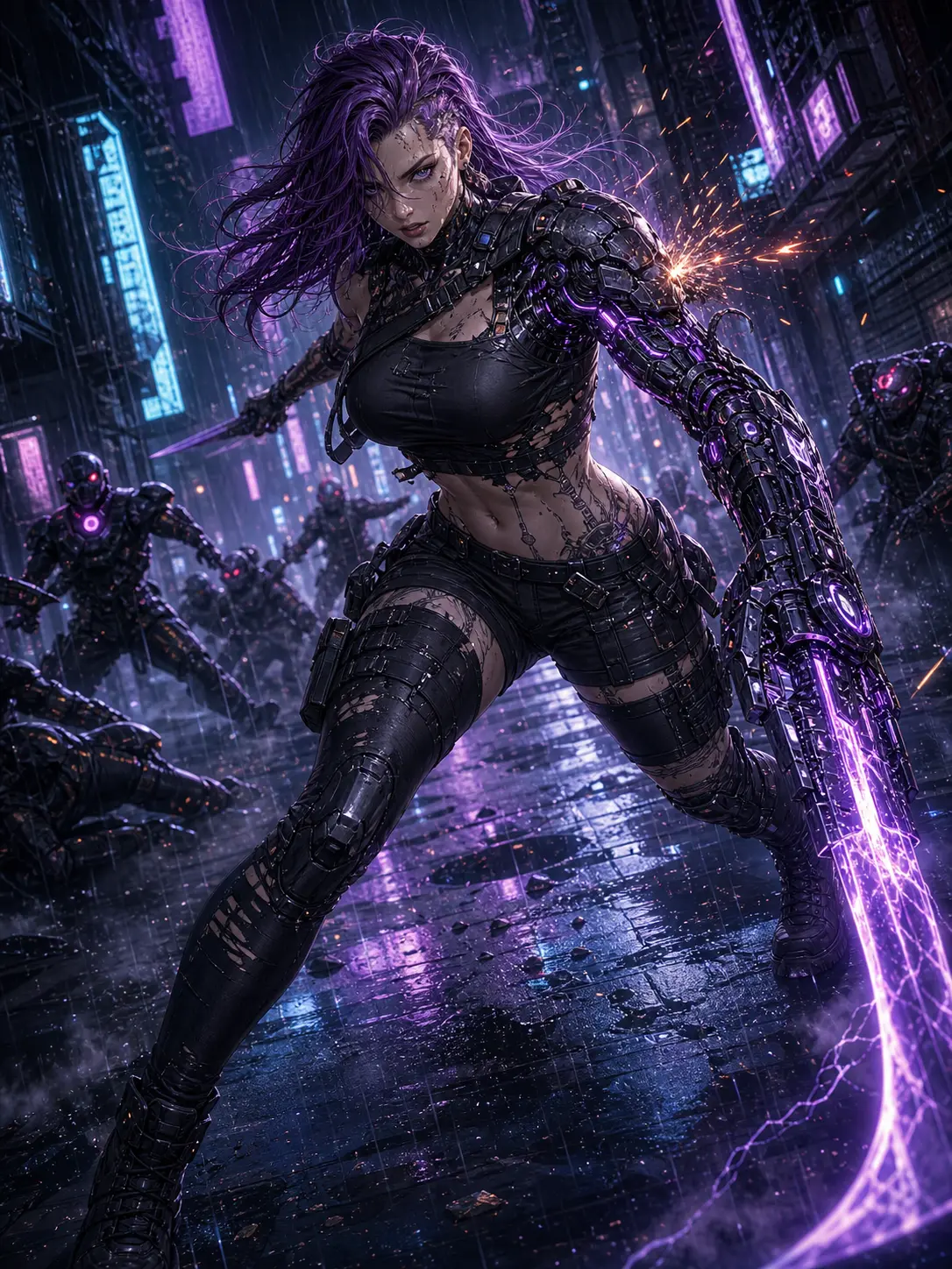 Police · Combat cyborg with plasma blade arm in the rain