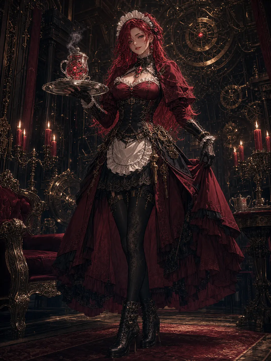 Independent · Crimson gothic maid with a steaming mech-core tray