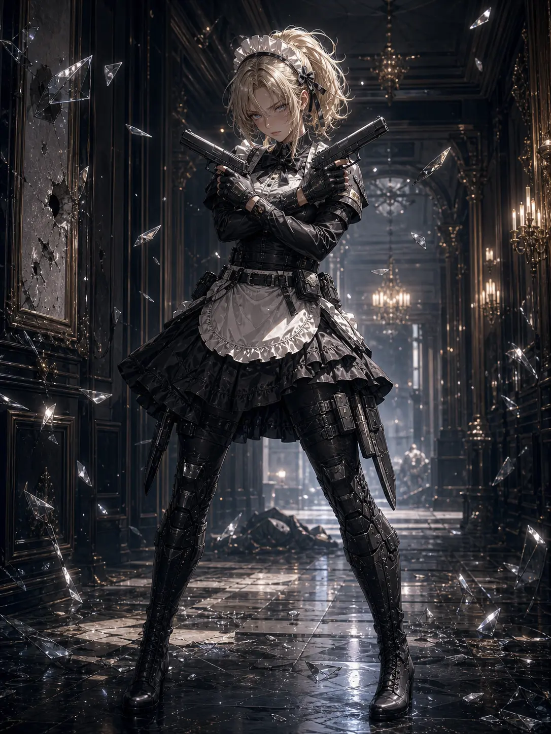 Police · Tactical battle maid mid-gunfight in a mansion hall