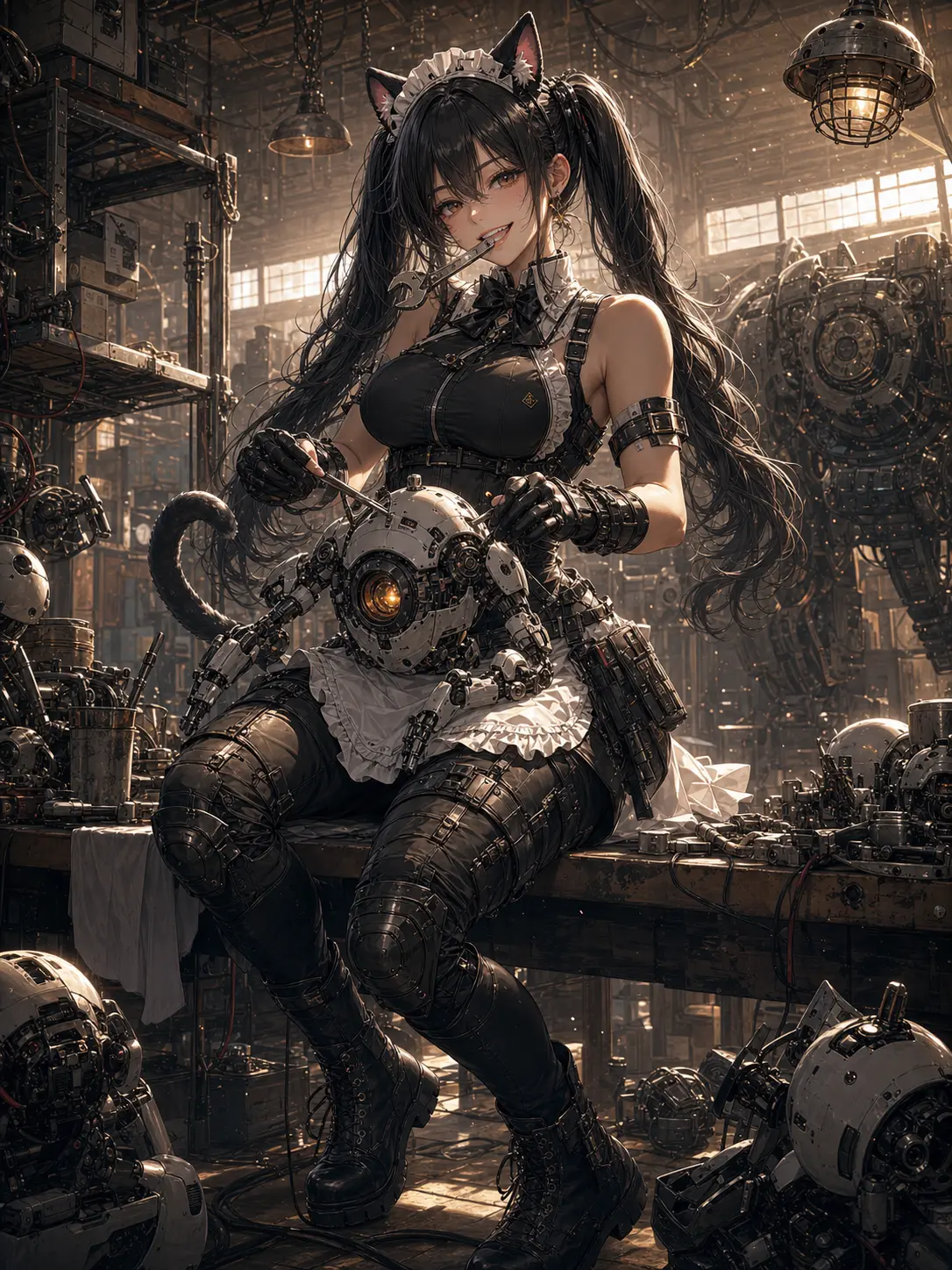 Independent · Cat-eared maid tinkering with mech drones