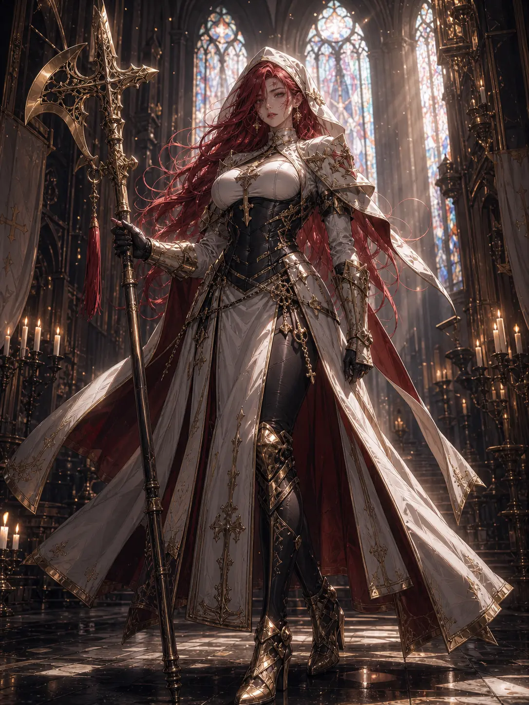 Independent · Crimson battle-nun with a golden halberd