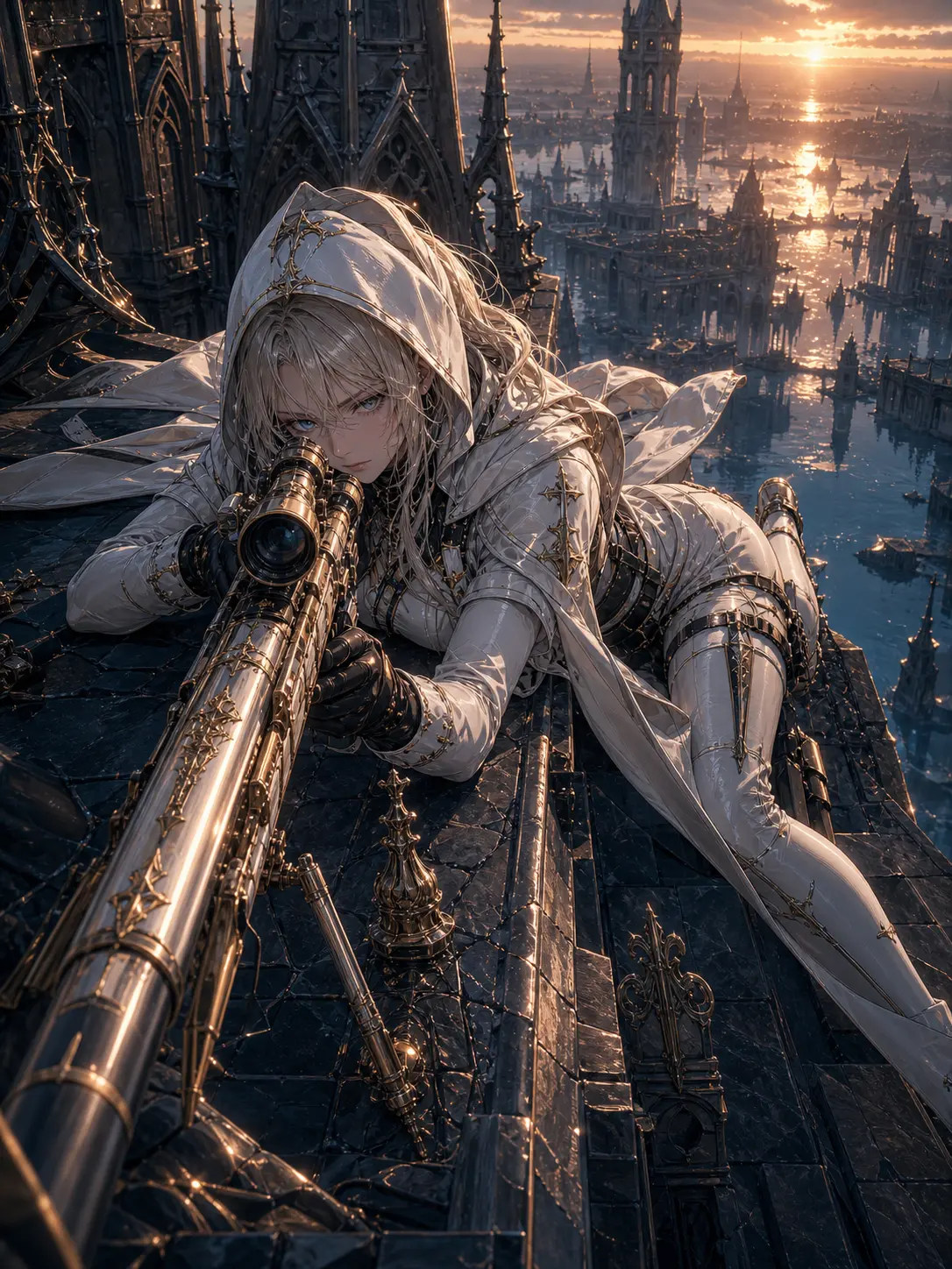 Police · Platinum nun-sniper prone on a cathedral rooftop