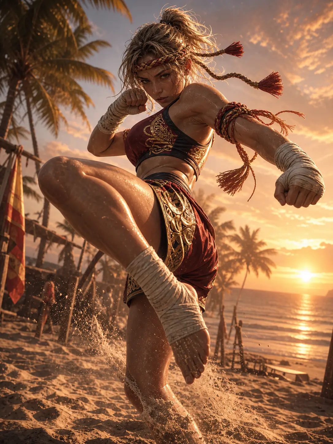 Independent · Muay Thai champion mid-knee-strike at sunset beach