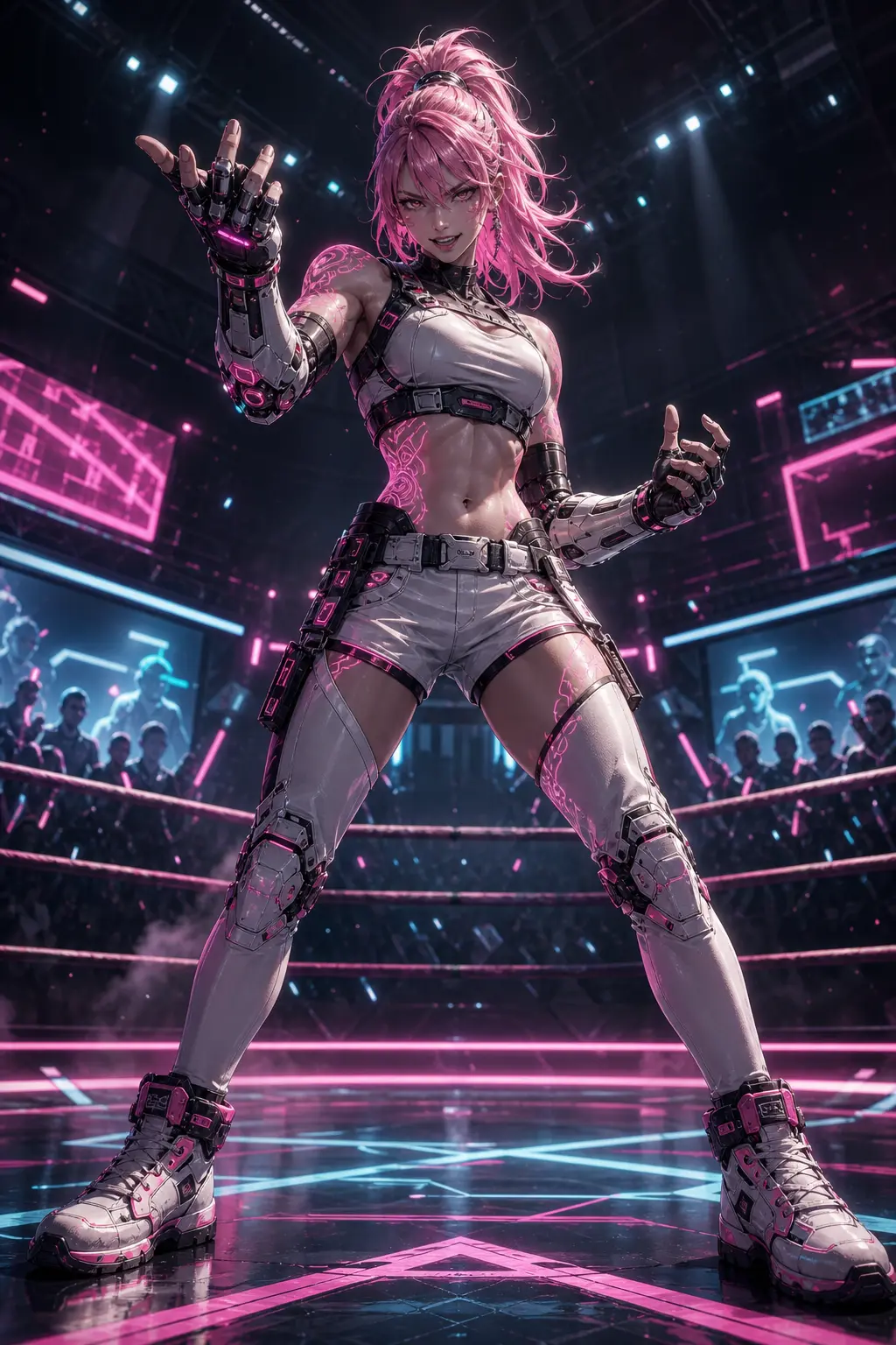 Industries · Cyber fighter with augmented gloves in neon arena