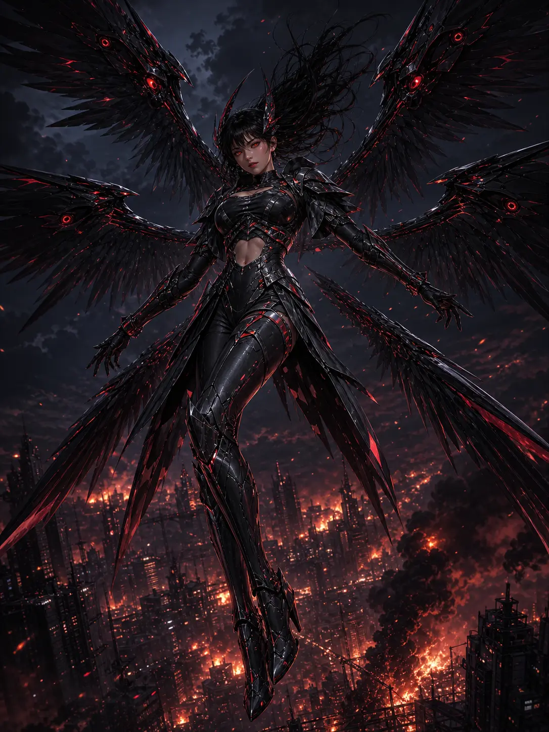 Independent · Dark valkyrie with six obsidian wings over a burning city