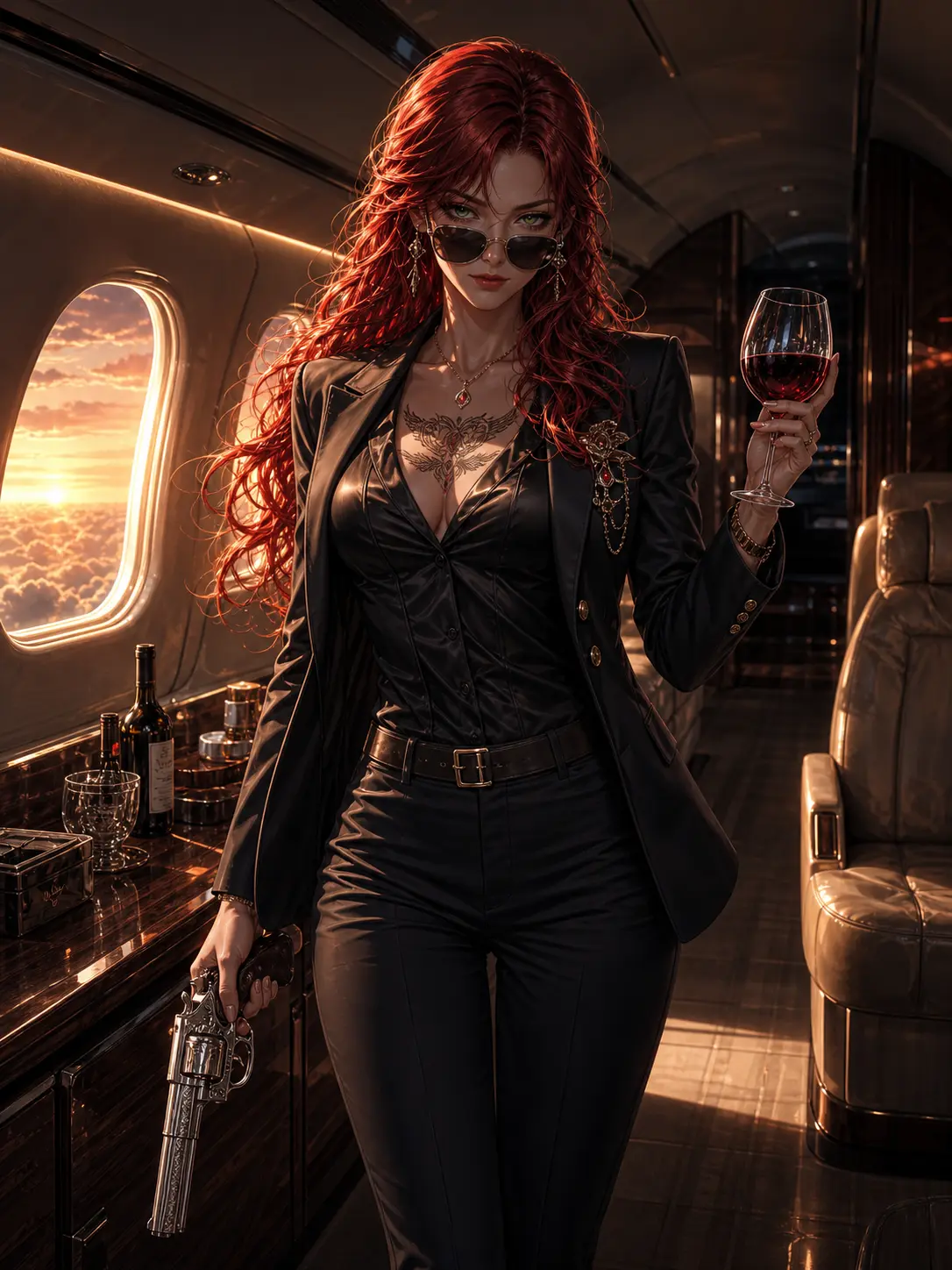 Independent · Mafia princess with revolver on a private jet at sunset