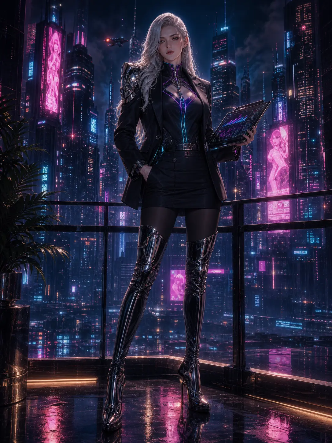 Industries · Cyber cartel lord on a balcony over a neon megacity
