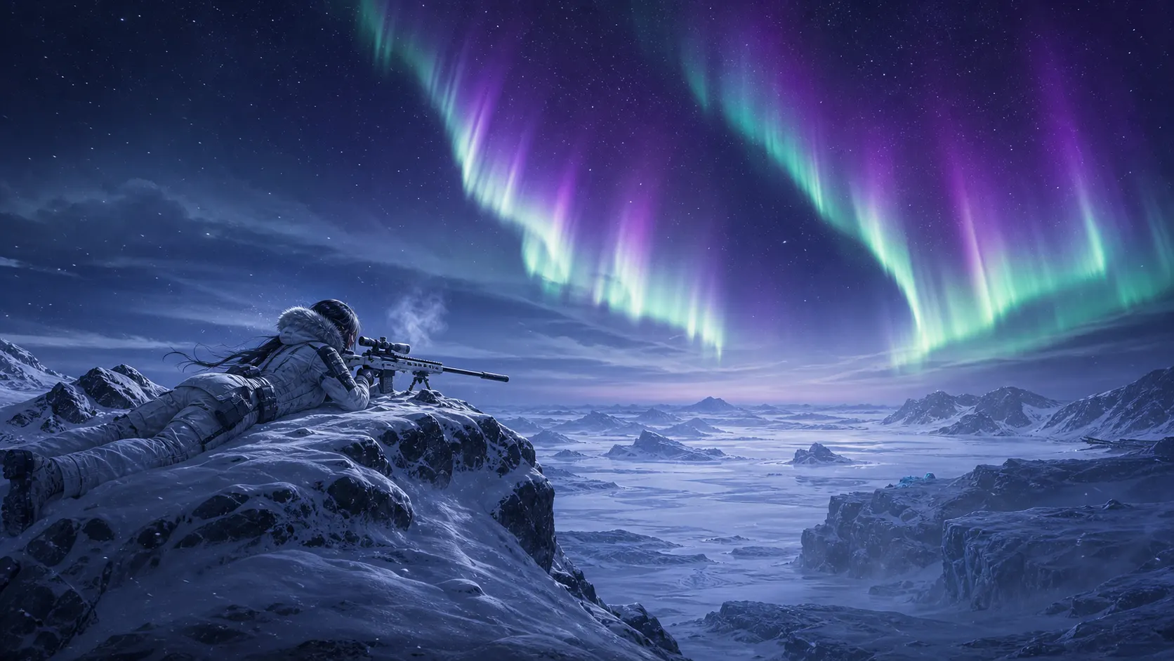 Police · Lone tundra sniper under the aurora · cinematic wide