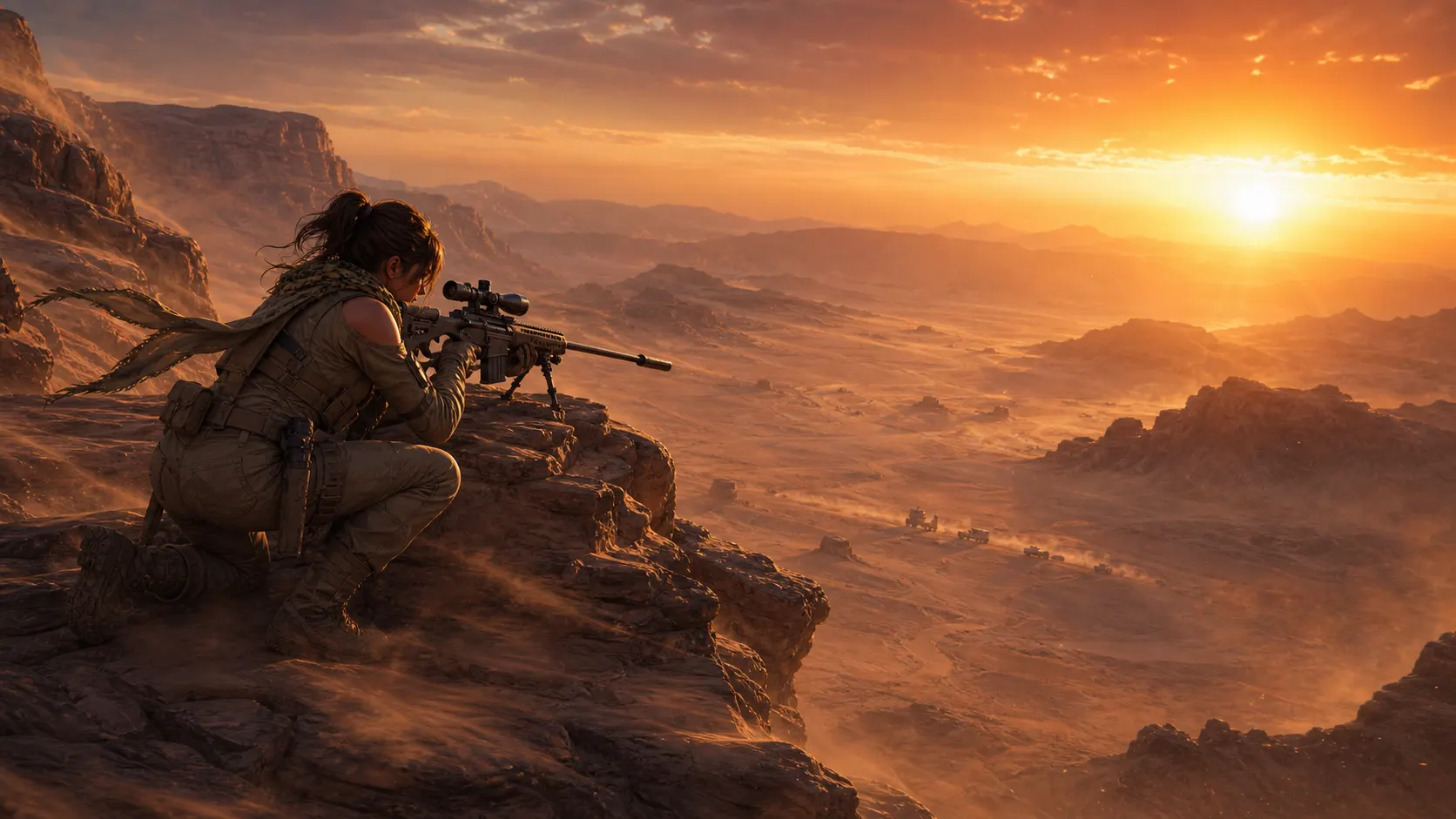 Reclaimers · Desert sniper on a sandstone cliff at sunset · wide