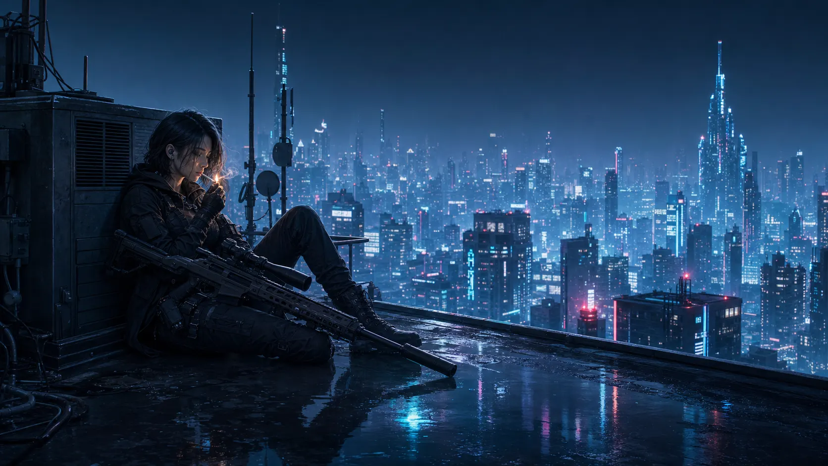 Police · Rooftop sniper smoking over a neon megacity · wide