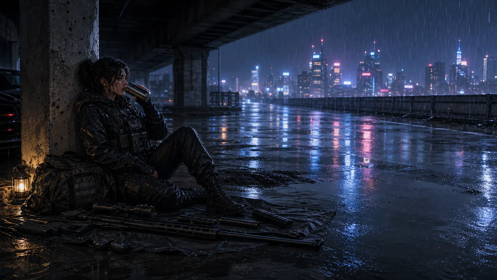 Police · Sniper sheltering under a highway overpass in heavy rain