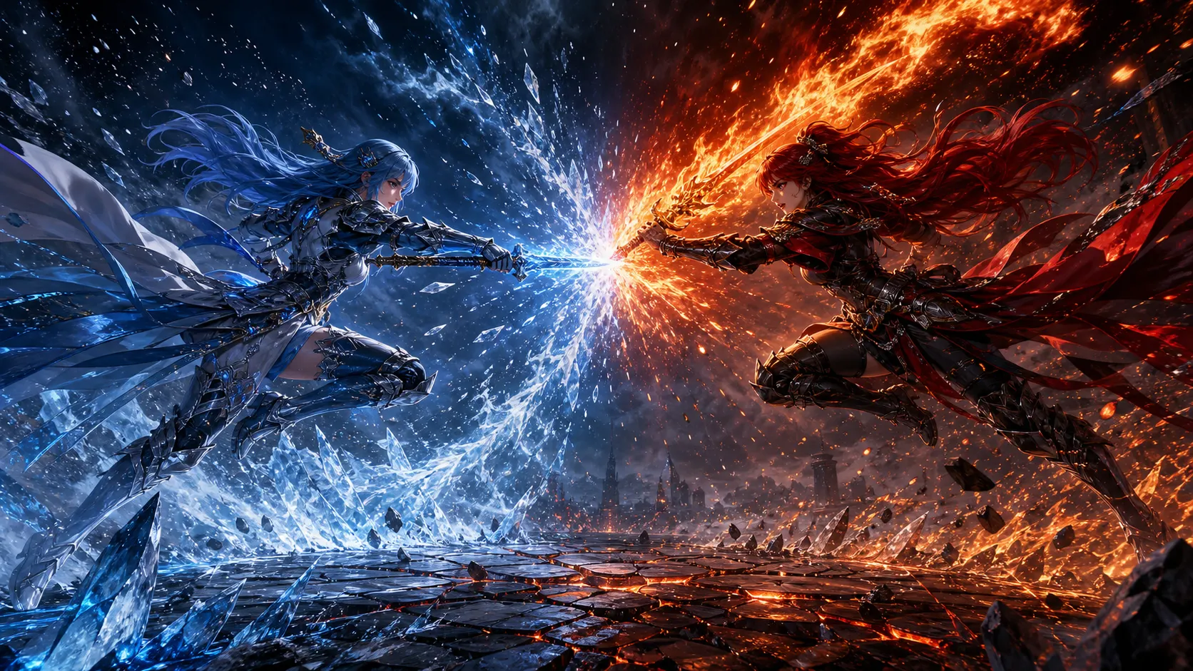 Independent · Ice vs Fire — clashing blades at the explosion epicenter