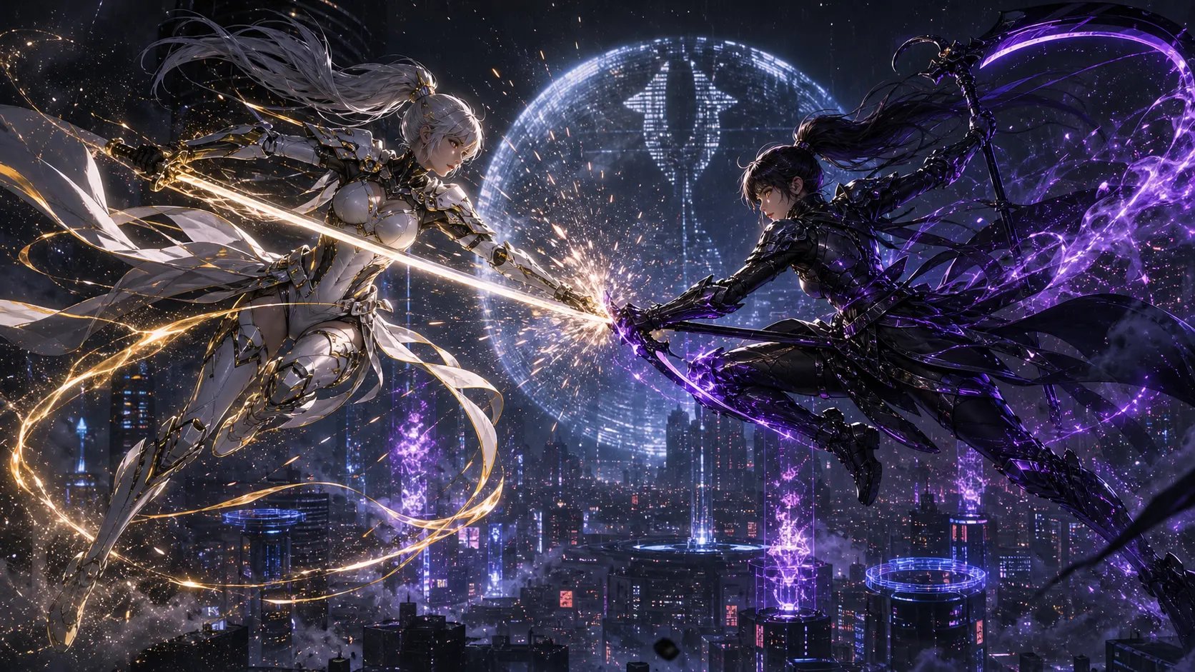 Independent · Light vs Shadow ninjas above a neon skyline