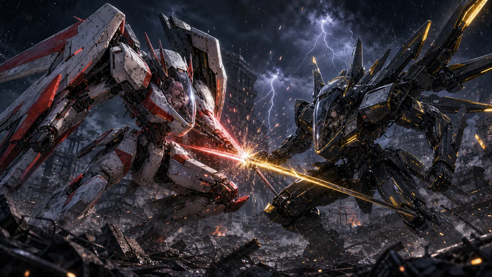 Industries · Two female mech pilots dueling on a ruined battlefield