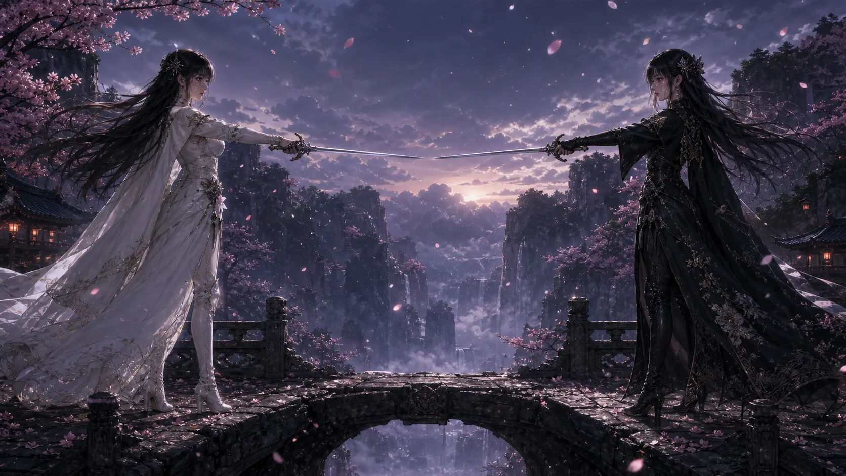 Independent · Twin sisters dueling on a stone bridge with cherry blossoms