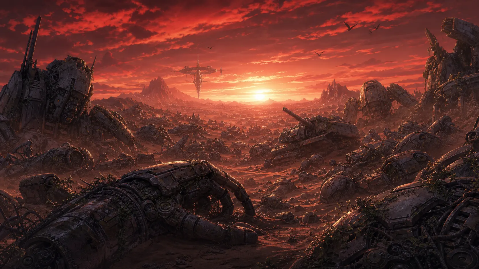 Reclaimers · Mech graveyard at blood-red sunset · vast valley