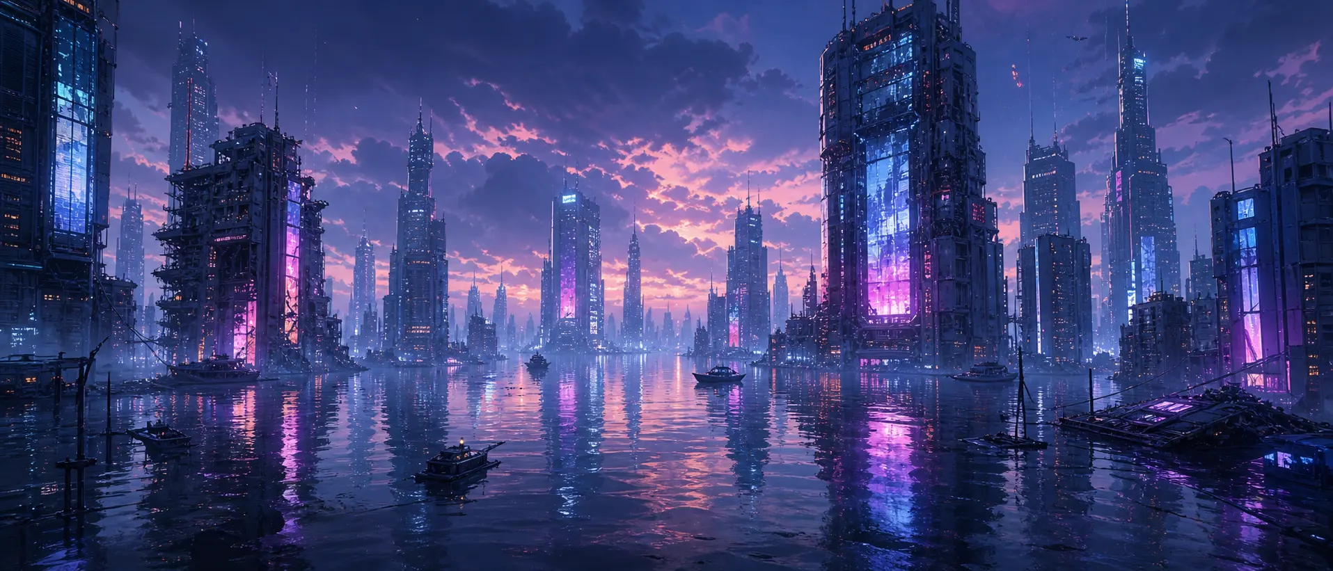 Industries · Drowned cyberpunk megacity at twilight · wide