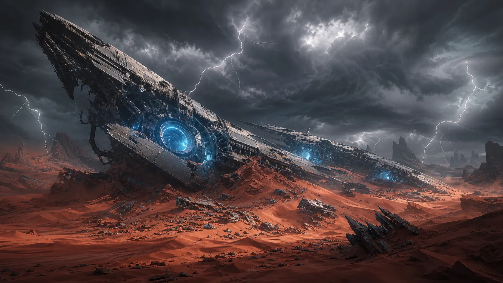 Reclaimers · Crashed colossal spaceship in a stormy alien desert
