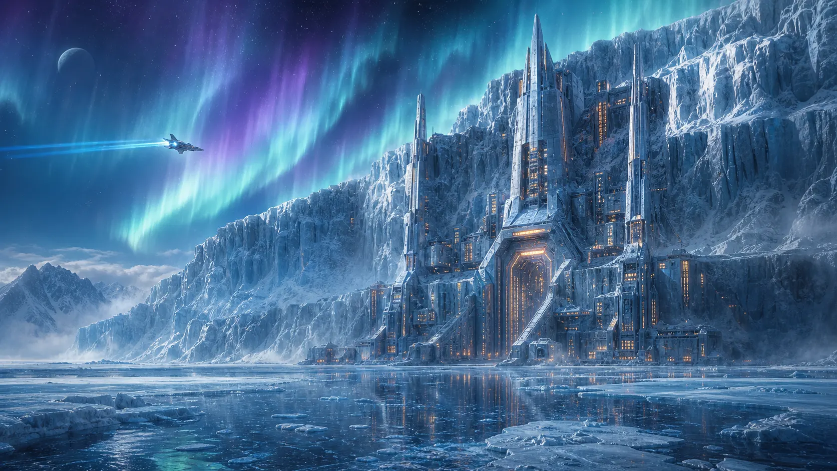 Survey · Glacier citadel under aurora skies · wide
